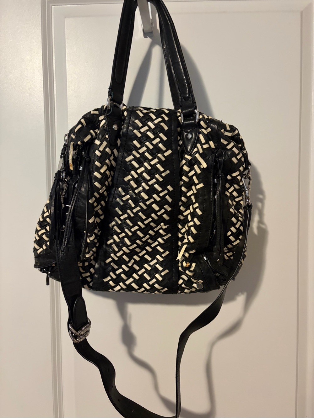 Black and Cream Woven Shoulder Bag - Stylish Women's Tote - Olivia Harris